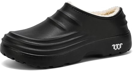 FLIOZY Zuecos de invierno forrados para hombre y mujer – Zapatos impermeables de jardín y cocina, zapatillas antideslizantes de EVA con forro polar cálido, cómodas zapatillas de trabajo y exteriores