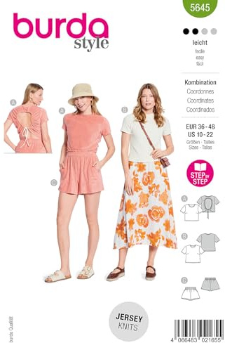 burda style Patron de couture en papier pour femme Ensemble t-shirts et shorts #5645 Taille 36-48 Niveau de couture : léger
