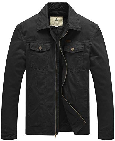 WenVen Men's Casual Cotton Jacket Canvas Military Field Jacket (B-black,M)
