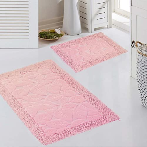 Teppich-Traum Badezimmerteppich Set 2 teilig • waschbar • Blätterdesign in pink, Größe 50x60cm + 60x100 cm