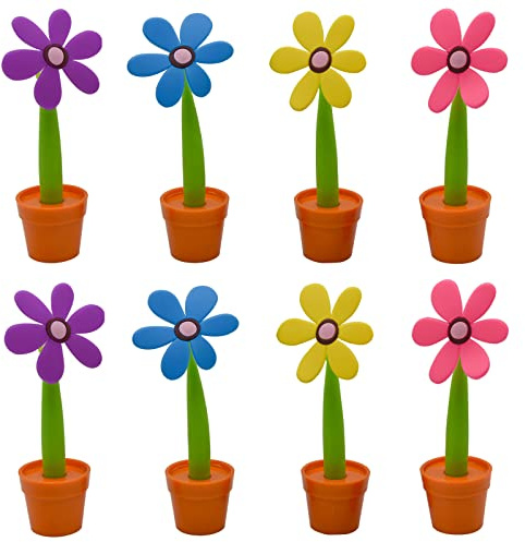 Maydahui 8 PCS Flower Ballpoint Pens with Plant Pot Stand on Desk Set Cute Creative Design Colorful for Student Party Valentine's Day(Black and Blue Ink Random Delivery)