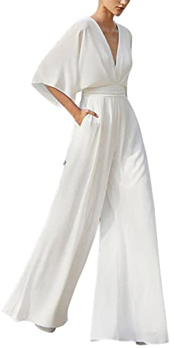 Mono para mujer, con V profundo para mujer, de verano, monocolor, media manga, de una sola pieza, de cintura alta, mono de pierna ancha, con bolsillo, informal, holgado, talla única, Blanco, L