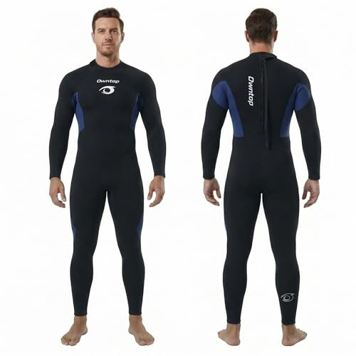 Owntop Herrars Helfigur 3/2mm Dräkt, Ultra-Stretch Långärmad Vinterdräkt, Bakre Zip Vuxen Neopren Surfning Dykning Våt Dräkt, Män Blå 3XL