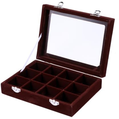BESTYASH 1pièce Boîte De Rangement Bois Avec Grille Verre Pour Bijoux Organisateur Pratique Pour Anneaux Et Boucles Oreilles Foncé Compartiments