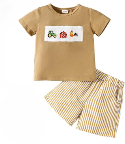 LUVCES Conjunto de Verano para Bebé Niño Pequeño Manga Corta Dinosaurio Bordado Camiseta y Pantalones Cortos de Rayas 2 Piezas Ropa de Trajes Granja de kaki 18-24 Meses