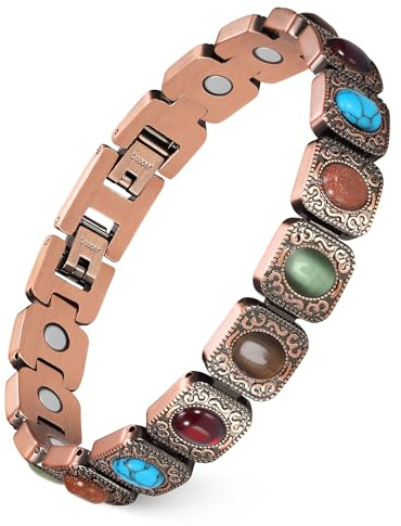 Jeracol Pulseras de cobre 99% para mujer, pulsera magnética con piedra turquesa, longitud ajustable con herramienta de tamaño en caja de regalo, Cobre
