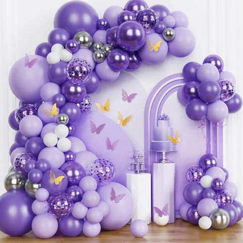 155Pcs Purple Balloons Garland Arch Kit Purple Birthday Decorations for Girl, 12Pcs Butterfly Decoration Lavender Confetti Balloon for Baby Shower Wedding Party Deco