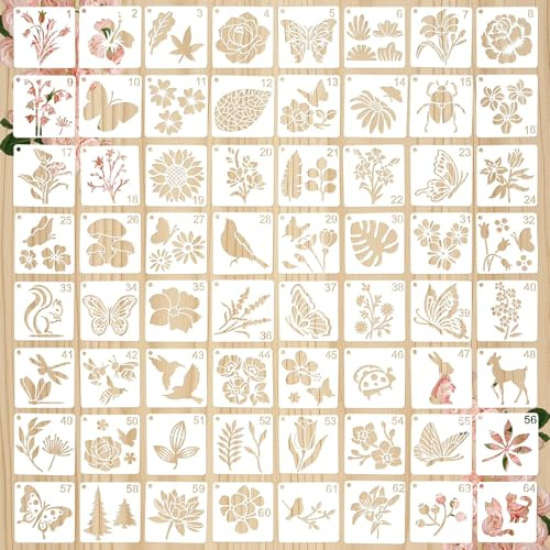 64 Pièces Pochoirs pour Peinture de 7,6 cm, Fleurs Thème Pochoir Peinture Murale Aerographe Réutilisable, Motifs de Fleurs, Plantes, Papillons et Oiseaux pour Décoration Murale et Projets DIY