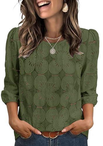 Sampeel Ladies Tops and Blouses Dressy Casual Business Outfits Spring Fashion 2026 Eyelet Lace Tops 3/4 Length Sleeve Work Shirts Summer Clothes Beach Vacation Outfits Green M