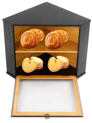 Bambu brödlåda 2 våningar, brödbehållare i trä med visningsfönster, brödlåda hörn för horn, bröd, brödförvaring 32 x 32 x 34 cm