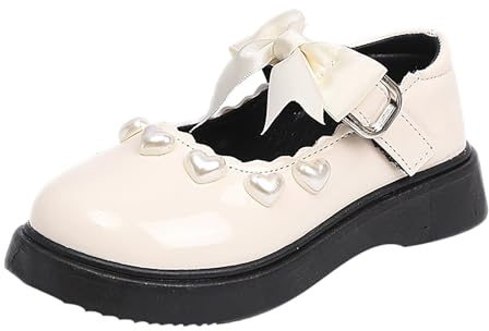 Mary Jane - Zapatos de princesa para niña, bailarinas con lazo y perlas, fondo suave, zapatos de noche, zapatos planos para boda, fiesta, zapatos de baile antideslizantes, beige, 31 EU