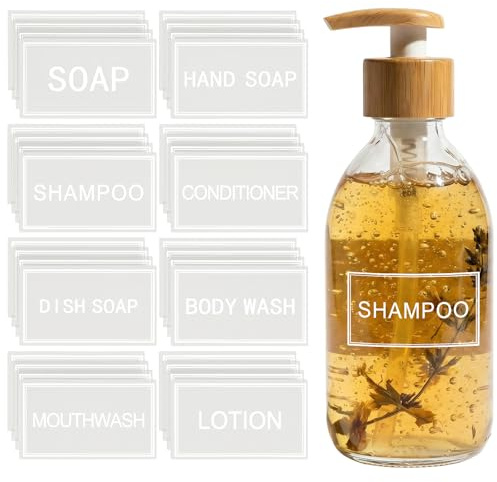 48 Pcs Clear Waterproof Bathroom Labels Transparent Labels for Travel Size Bottles Bathroom Hand Soap Label for Lotion bodywash and Shampoo Conditioner Dispenser