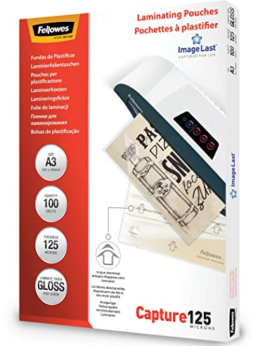 Fellowes Laminierfolien A3 ImageLast,80 Mikron (2 x 80 Mikron), 25 Stück, transparent mit Ausrichtungshilfe. Ideal für Fotos und Informationshinweise mit optimalem Kontrast
