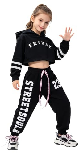 LOLANTA Tuta Bambina Hip Hop, Felpa con Cappuccio e Pantaloni da Jogging, Completo per Danza e Tempo Libero(Nero, 8-9 anni, 140)