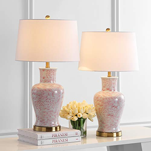 SAFAVIEH Lighting Collection – Calli Set of 2 Pink & White Chinoiserie Ceramic Table Lamps with Brass Gold Accents, 28-Inch Bedroom or Living Room Lamps, LED Bulbs Included (TBL4161A-SET2)