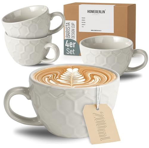 HOMEBERLIN® Barista 4er Cappuccino Tassen Set - 200ml Kaffeetassen Set - Premium Kaffee Tassen Set aus hochwertigem Steingut - 4 moderne Kaffeetassen aus 100% Handfertigung - Dickwandige Kaffee Tasse