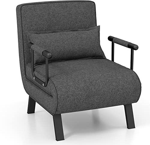 COSTWAY 4 in 1 Poltrona Letto Singolo, Poltroncina Pieghevole con Schienale Regolabile in 6 Posizioni, Sedile Imbottito Robusto, Divano Letto per Casa Ufficio, 79x65x79 cm (Grigio scuro)