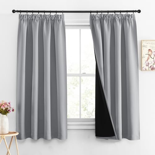 PONY DANCE 100% Blackout Pencil Pleat Curtains - Double Layered, Short Thermal Insulated Curtains & Drapes for Bedroom/Kitchen, 2x W55 X L57, Silver Grey