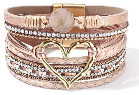LOLIAS Lederarmband Damen Mädchen Boho Herz Armband Damen Leder Armbänder Perlenarmband Magnetverschluss Kette Frauen Armband Schwarz Wickelarmband Indianer Modeschmuck