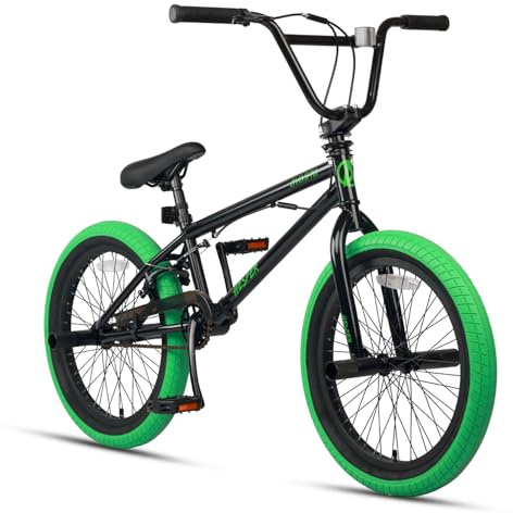 AVASTA Hesper - Bicicleta BMX Freestyle de 20 pulgadas para niños, con 4 reposapiés, bicicletas para niños de 6 a 14 años y principiantes, color negro con neumáticos verdes