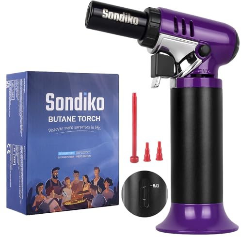 Sondiko Butane Torch with Fuel Gauge S907, Refillable Soldering Torch Lighter with Adjustable Flame for Welding, Resin Art, Industrial, Purple & Black(Butane Gas Not Included)