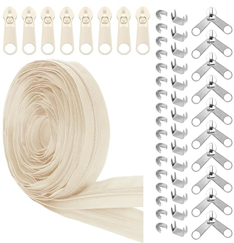 Glarks 81 PCS beige n ° 5 nylon bobine zip avec 10 Yards couture zip Roll avec métal zips Slider double zips Slider top stop Bottom stop