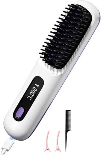 SUJAHHUJIQ Piastra per Capelli Senza Fili, Spazzola Aria Calda Ioni Negativi, Pettine 20 Secondi, Riscaldamento Rapido, Design Anti-Scottatura, Per Tutti i Tipi di Capelli, Ricaricabile