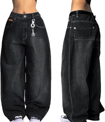 Pantalones Vaqueros Holgados Estilo Hip Hop para Mujer con Estampado de Estilo Adolescente Estilo harén Estilo Callejero Tiro Medio-bajo Estilo Boyfriend (Negro 3,M)