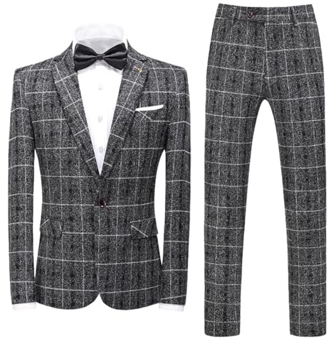 Lacoac Hombre Tres Piezas Plaid Traje de un Solo Pecho Botón Negocios Esmoquin (Chaqueta + Chaleco + Pantalones)