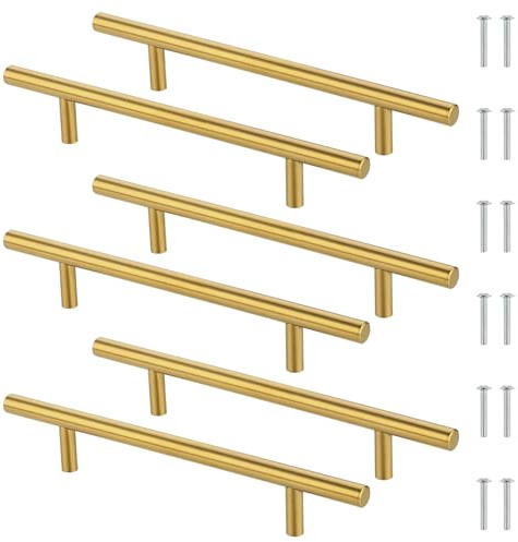 Luxeu Schrankgriffe, 6 Stück Möbelgriffe 128mm Lochabstand, Schrankgriffe Gold, Küchengriffe Edelstahl, mit 12 Schrauben, Griffe für Küchenschränke, Schubladen, Schrank