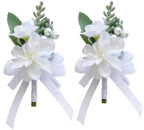 yufana 2Pcs Wedding Boutonniere White Rose,Boutonniere Buttonholes Corsage Wedding Flowers Ceremony Boutonniere Set White Wedding Flowers Rose Flower Corsage Suit,for Wedding (White)