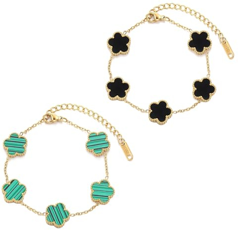 MisFun 2 Piezas Pulsera Trebol Pulsera Mujer De Acero Chapado En Oro De 18 Quilates Trebol De Cuatro Hojas Adecuado Trébol Pulseras Para Cumpleaños Navidad Fiestas Niñas Damas Regalos De Pareja (B)