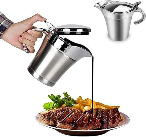 Saucière thermique en acier inoxydable avec couvercle à charnière - Double paroi - Pour dîners, fêtes, restaurants, Noël - Argenté (450 ml)