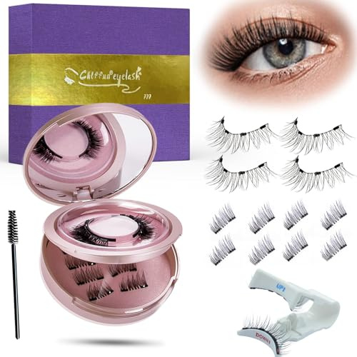 Magnetische Wimpern, Magnet Wimpern Ohne Eyeliner, Streifen & Halbwimpern Styles Magnet Wimpern Natürlicher Look,4-Magnet Upgrade Mit Applikator Kein Kleber erforderlich, Chlffua Geschenkbox