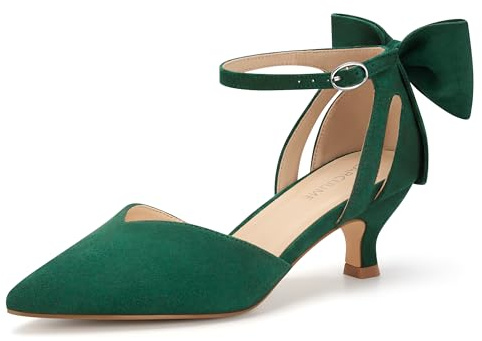 Carcuume Women's Kitten Heels with Bow Closed Toe Sandals Ankle Strap Wedding Pump Shoes, Green, 6 UK