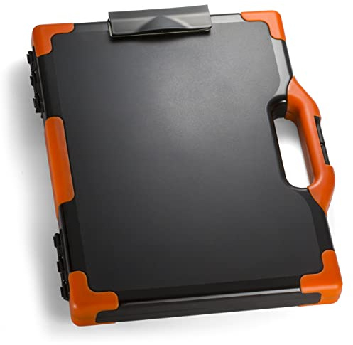 Officemate Carry-All Clipboard Storage Box, 15.75 x 13-Inches, Legal Size Document Organizer with Enclosed Storage Compartment, Reinforced Corners, Black/Orange