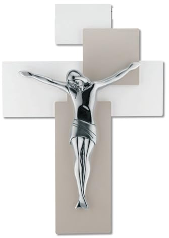 CROCIFISSO 42X30 MODERNO CROCE DA PARETE CRISTO COLORE ARGENTO LEGNO TORTORA BIANCO ME12103N