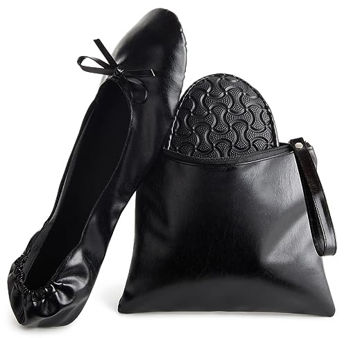 Glamlily Black Foldable Ballet Flats for Women, Roll Up Flats with Zipper Pouch, US Size 7-8