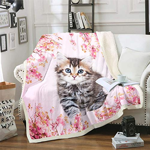 Loussiesd Cute Cat Fleece Throw Blanket Girly Pink Flowers Sherpa Blanket for Kids Adult Lovely Pet Cat 3D Animal Theme for Sofa Bed Kawaii Kitten Room Single 50x60 Inch