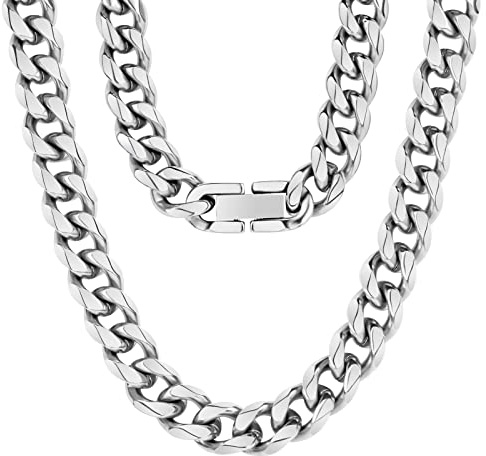 Aucuu Collar Hombre de Acero Inoxidable Cadena, 8mm/50 cm, Eslabones de Plata, Color Plata