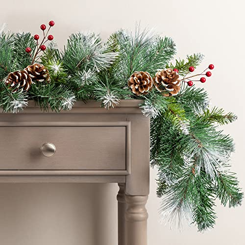Christow Christmas Garland with Pine Cones and Berries 2.7m / 9ft, Luxury Thick Artificial Frosted Spruce Decoration for Fireplace and Stairs