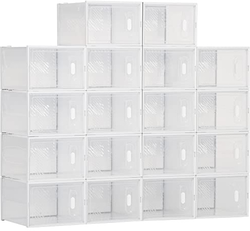 HOMCOM Cajas de Zapatos de Plástico Juego de 18 Organizadores de Almacenamiento para Zapatos de Talla 45 Caja Zapatero Apilable con Puertas Magnéticas para Aromas para Entrada Pasillo Transparente