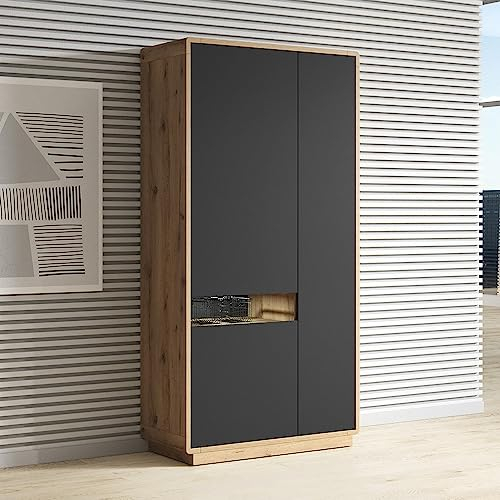 Lomadox Moderner Wohnzimmerschrank Eiche Taurus Nb. inkl. LED Beleuchtung mit Absetzungen in schwarz matt, B/H/T: ca. 92/181/40 cm