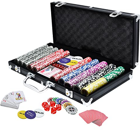 TRMLBE Mallette de Poker 500 Jetons Laser Coffret de Poker Poker Set Jetons de Poker avec 2X Jeux de Poker, 3X Bouton Dealer, 5X dés, Mallette en Aluminium avec 2 clés - Noir