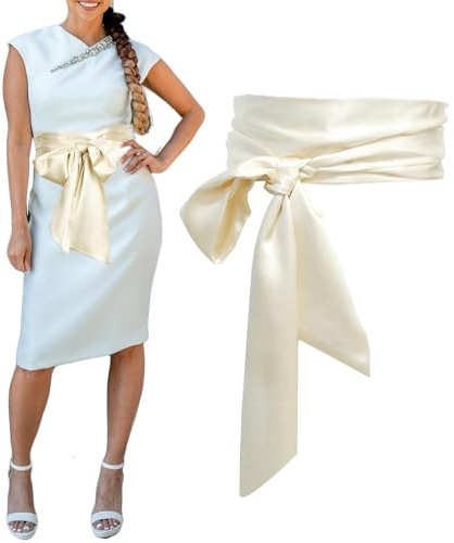AWOCAN Cinturón de vestir para mujer, boda, dama de honor, cinturón de satén para boda, fiesta, banda larga, cinturones de cintura de novia de doble cara, beige, talla única