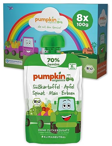 Pumpkin Organics Bio Gemüse-Quetschies 8er Pack Süßkartoffel, Apfel, Spinat, Mais, Erbsen ohne Zuckerzusatz¹ - ab dem 6. Monat - als Snack oder Beikost für unterwegs - glutenfrei (8x100g)