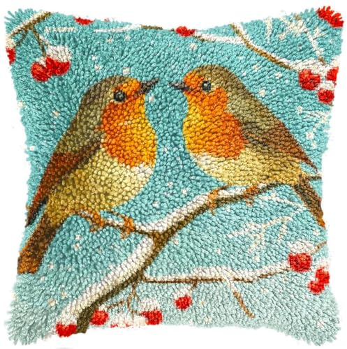 Robbin Couple DIY Latch Hook Kits Pillow with Printed Canvas Cushion Crochet Yarn Embroidery Hook and Latch Kit Throw Pillowcase Christmas Decoration 43x43cm