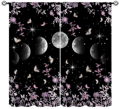 JanJCurt Moon Phase Moonlit Curtains, Gothic Witchy Pink Wild Roses Butterfly Vines Bohemian Moonlit Mysticism Design Window Curtains for Living Room Bedroom, 42x45 Inch (No Blackout)