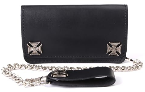 Milwaukee Leather MLW7825 Men's 6” Black Leather Bi-Fold Biker Wallet w/Anti-Theft Stainless Steel Chain and Iron Cross Emblems - 6 Inch