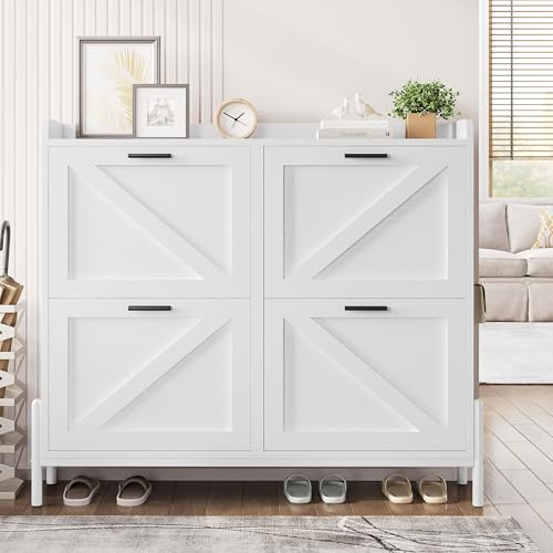 IRONCK Farmhouse Shoe Storage Cabinet with 4 Flip Drawers, Freestanding Shoe Organizer with Adjustable Shelf for Entryway, Narrow Shoe Rack Cabinet for Hallway, Living Room, White